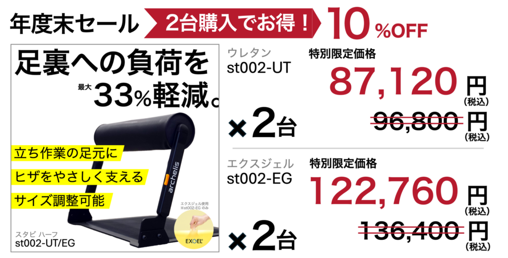 立ち仕事中の足裏への負荷を33%軽減するスタビハーフ2台購入で10%割引の年度末セール